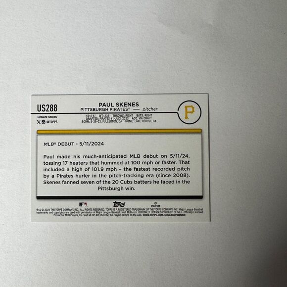 2024 Topps Update Paul Skenes Rookie Update #US288 mint condition - Picture 3 of 3